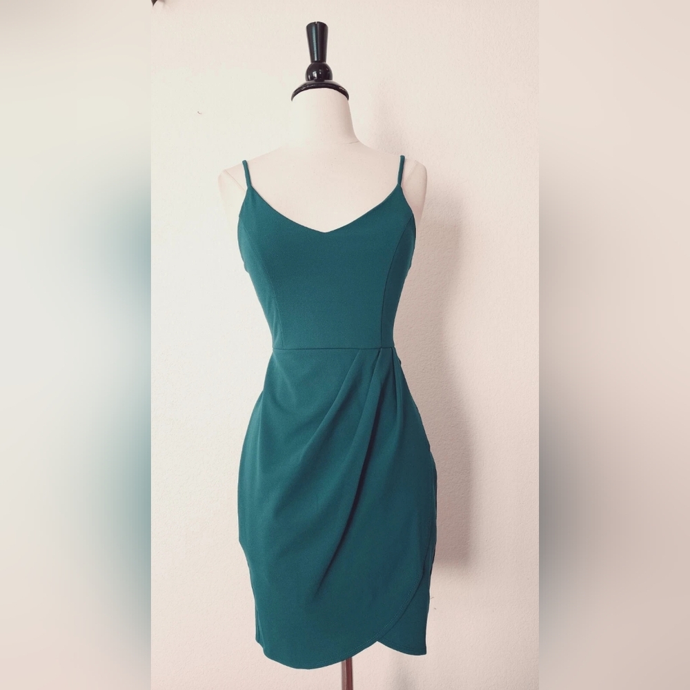 Sleeveless Teal Sheath Dress with Draped Skirt